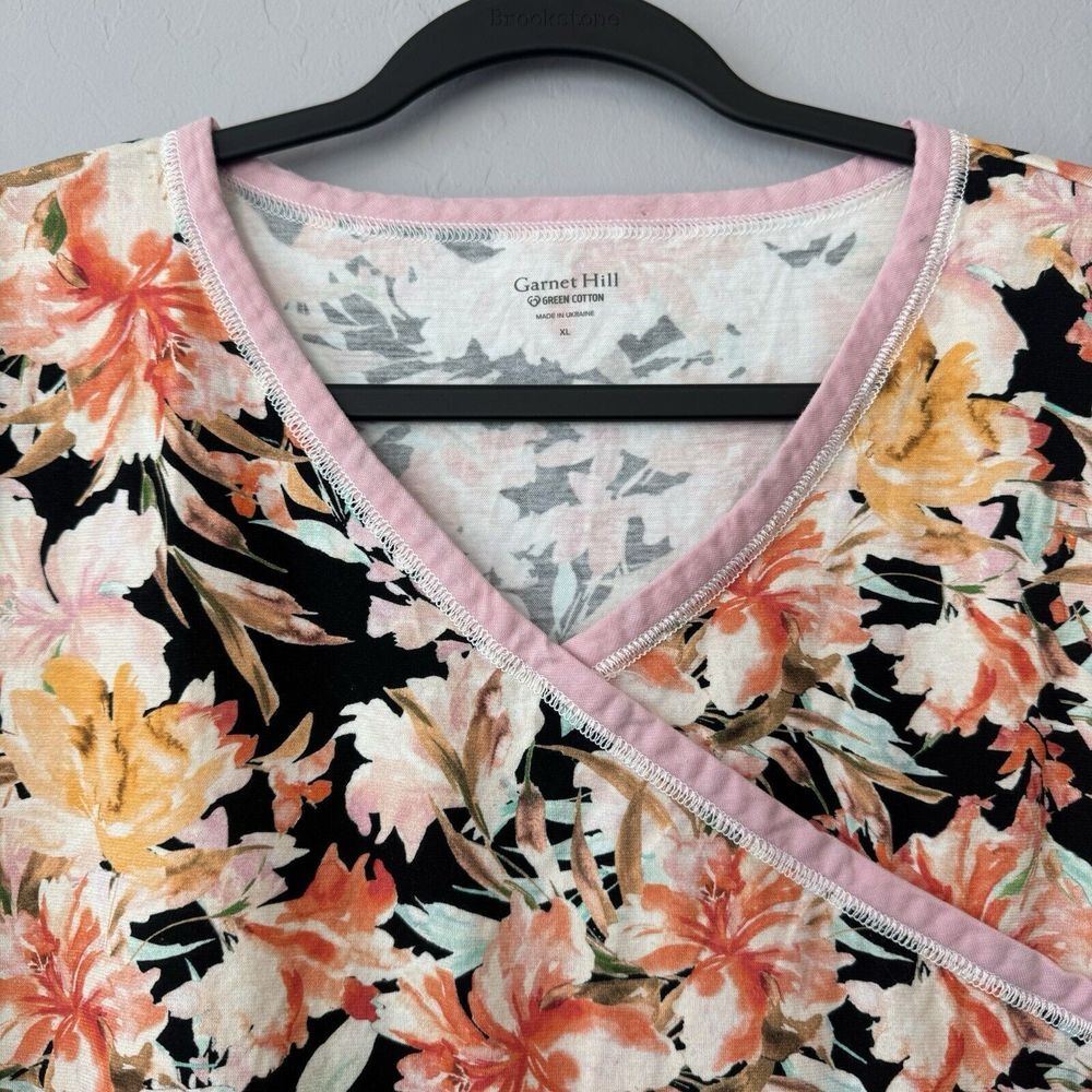 Garnet‎ Hill XLarge Black Pink Orange Floral Cotton Cross Front Long Sleeve Top - Picture 2 of 5